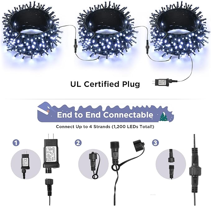 WBao Christmas Lights Indoor Outdoor 300LED 108ft, Super Bright LED Christmas String Lights with UL Certified, 8 Modes, Timer, Connectable & Waterproof for Trees, Patio, Xmas Party Decor, Cool White