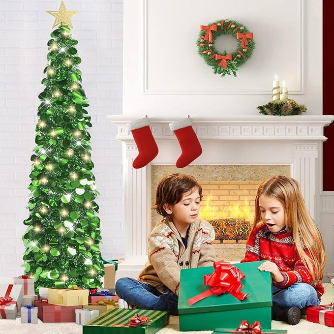 HMASYO 5 FT Pop Up Christmas Tree with Timer Lights, Green Christmas Tinsel Tree, Collapsible Artificial Pencil Christmas Tree for Indoor Home Apartment Porch Holiday Party Decorations