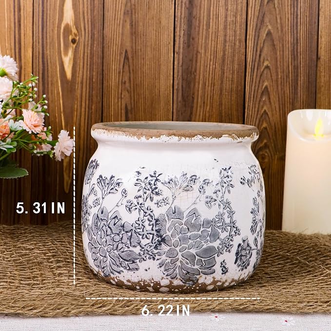 Vintage Grey Ceramic Ice Crack Flower Pot with Drainage Holes, Country Rustic Planters for Indoor and Outdoor,Tuscan Decor,Home,Living Room, Garden Decor, Gardening Gift