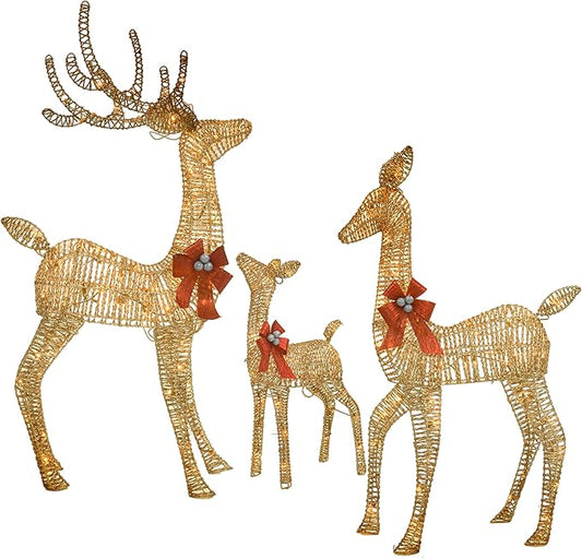 Outdoor Lighted Reindeer Family Christmas Decor, 3-Piece Large Deer (Buck/Doe/Fawn) Holiday Lawn Decorations Set, 210 Warm White LED, Metal & Rattan, Perfect for Yards, Garden