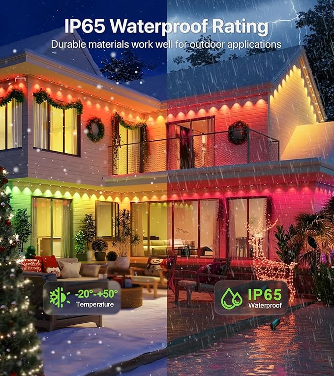 Permanent Outdoor Lights,50FT RGB+IC LED Lights with Smart APP & Remote Control, 72 Scene Modes, Waterproof IP65 for Holiday,Christmas,Yard Decorations