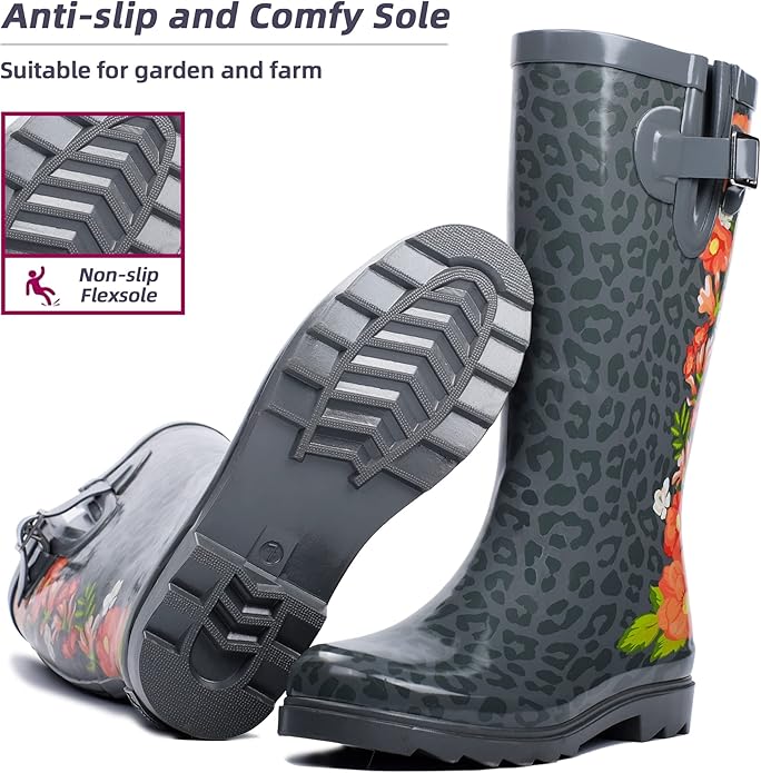 landchief Rain Boots for Women, Waterproof Ladies Tall Knee High Rubber boots,Comfort Garden Boots Anti-Slip Mid Heel Women Rain Shoes Outdoor