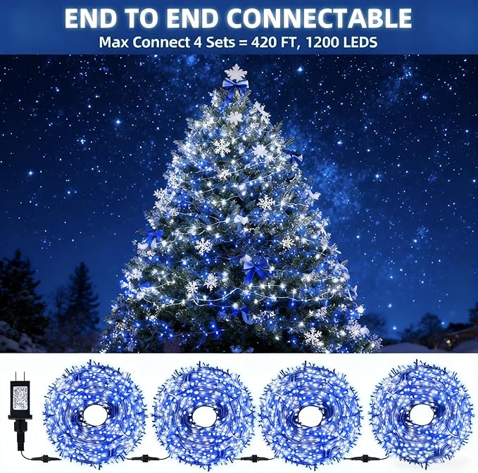 105FT 300 LEDs Blue White Christmas Lights Outdoor Indoor, Waterproof Christmas Tree Lights, 8 Lighting Modes with Memory and Timer