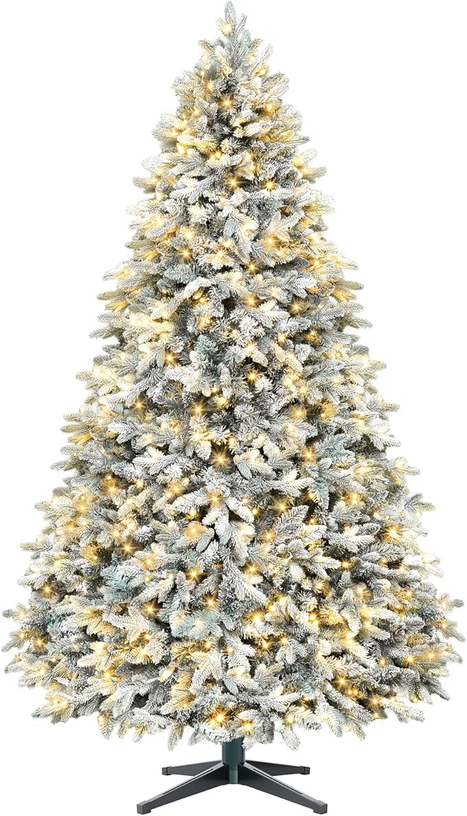 Pre-Lit Artificial Christmas Tree, 7.5FT Snow Flocked Full Appearance Pine Xmas Tree with Rotating Metal Stand, 470 Warm & Multi-Color LED Lights with Music Function for Holiday Decoration