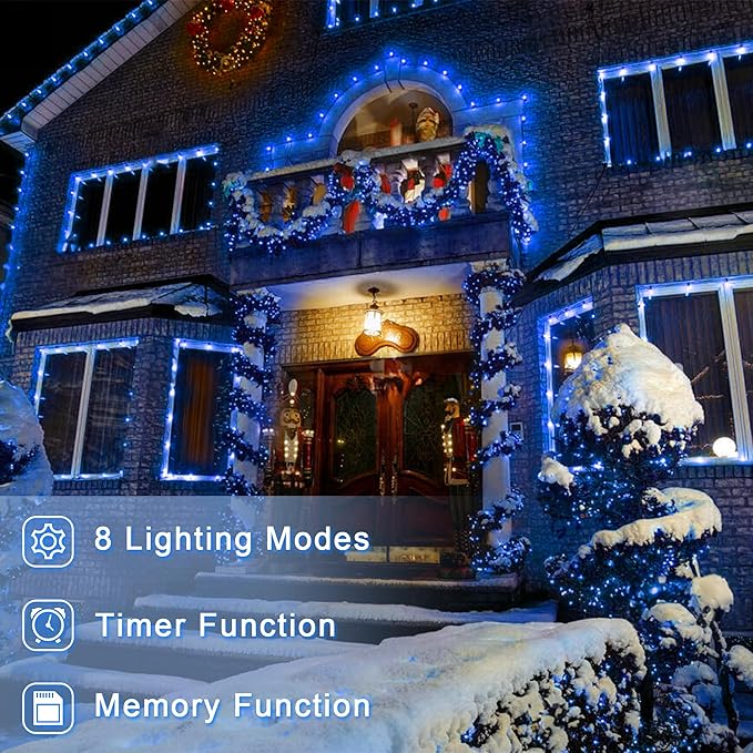200 LED 66ft Christmas String Lights Indoor Outdoor, 8 Modes Christmas Fairy Lights with Timer & Momory, IP44 Waterproof Christmas Tree Lights for Xmas Patio Yard Fence Balcony Garden (Blue)