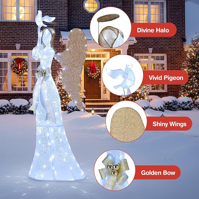 Tangkula 5.5 FT Christmas Lighted Angel, 3D Pre-lit Halo Angel with Pigeon, Golden Wings, Zip Ties and Ground Stakes, Xmas Holiday Decoration for Outdoor Indoor Home Yard Porch