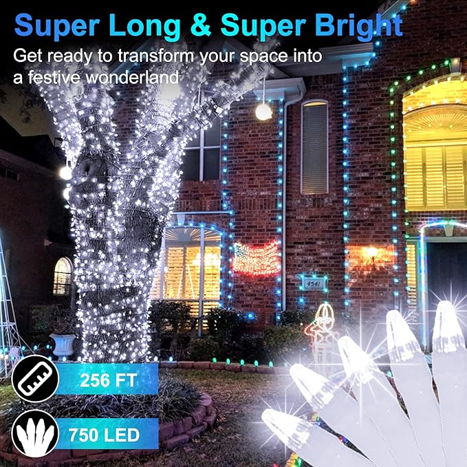 750 LED 256FT Christmas String Lights Outdoor, Christmas Light with 8 Lighting Modes& Timer & Memory, Plug in Outdoor Waterproof Clear Wire Twinkle Light for for Xmas Yard Tree Party Decor Cool White