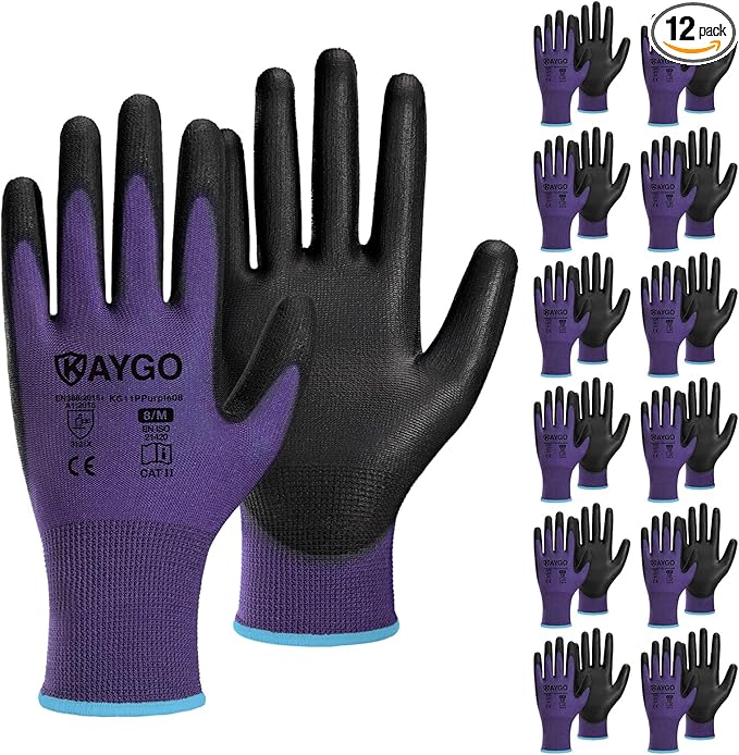 KAYGO Safety Work Gloves PU Coated,12 Pairs KG11PB Seamless Knit Glove for Men and Women, with Smooth Grip on Palm and Fingers, Ideal for General Duty Work (M, Purple)