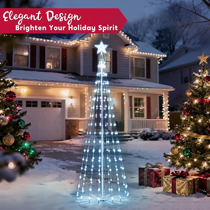 JOIEDOMI LED Christmas Cone Tree Lights, 6FT Outdoor Lighted Tree with 8 Lighting Modes & Star Topper, Christmas Decorations for Yard Porch Patio Garden Holiday Decor, Cool White