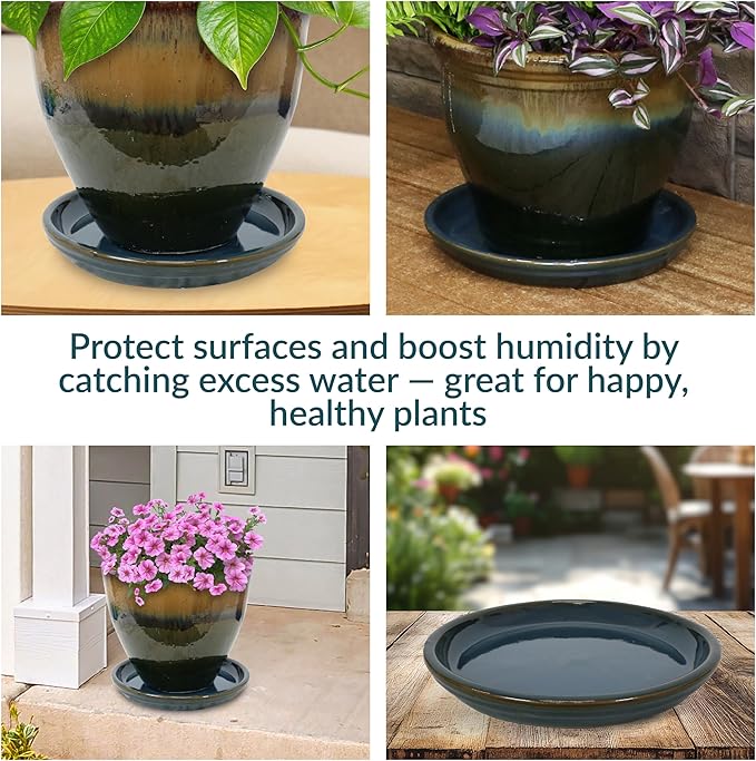 Sunnydaze 12-Inch Ceramic Plant Saucers - Plant Drip Trays for Outdoor Planter Flower Pot Drainage - Set of 2 - Forest Lake Green