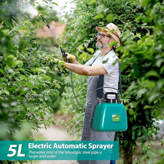1.35 Gallon/5L Battery Powered Electric Sprayer with USB Rechargeable Handle, Portable Garden Sprayer with 23.6" Telescopic Wand, 3 Mist Nozzles and Adjustable Shoulder Strap