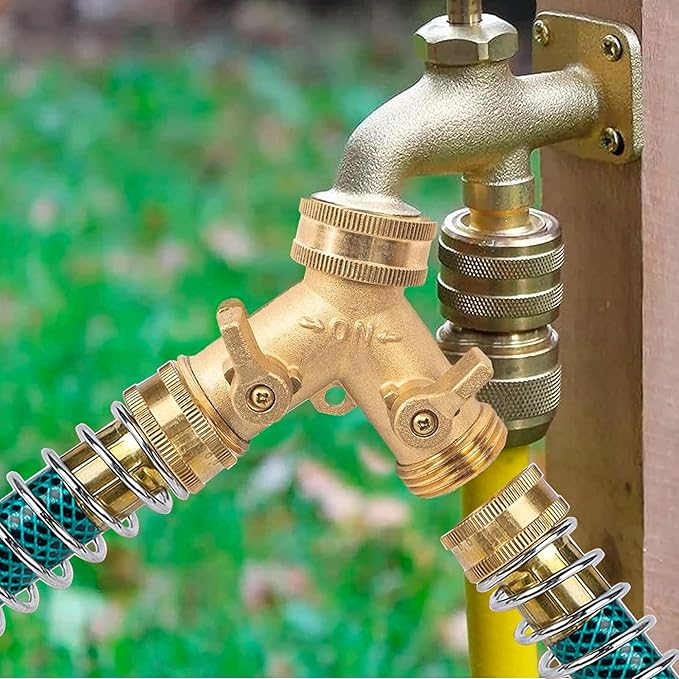 Hourleey 2 Way Hose Splitter, 3/4" Brass Hose Y Splitter with 2 PCS Garden Hose Extension Hose Coiled Spring Protectors and 6 Rubber Washers