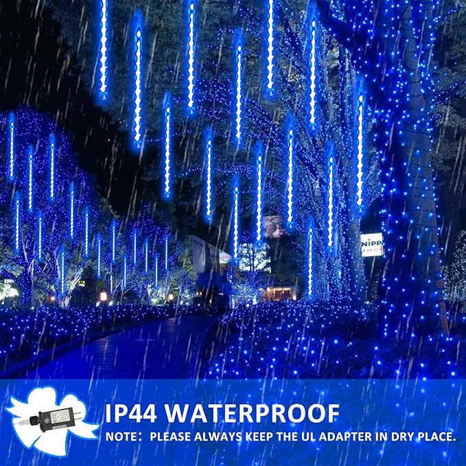 2-Pack Extendable Meteor Shower Christmas Lights Outdoor, 16 Tubes 384 LEDs Waterproof Falling Rain String Lights, Christmas String Lights Outdoor for Tree Garden Patio Holiday Decorations (Blue)