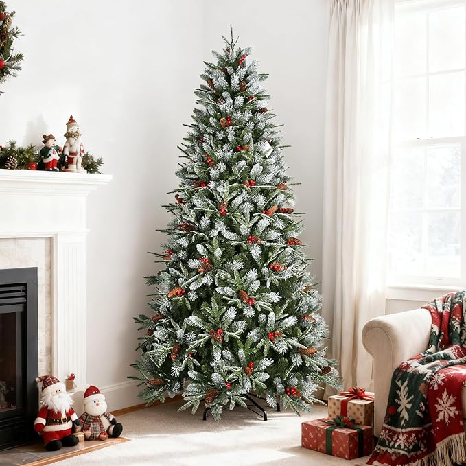 7.5 Ft Artificial Christmas Tree Pre-Decorated with Snow Flocked PVC&PE Tips, Pine Cones, Red Berries, Unlit Xmas Tree with Metal Stand for Hoilday Office Outdoor Christmas Decoration(Green White)