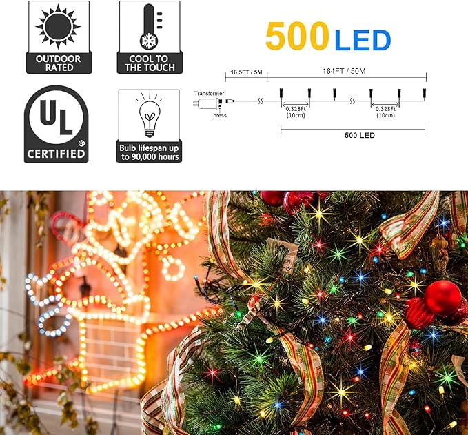 kemooie 500 LED Christmas String Lights, 164FT 8 Lighting Mode with Memory Plug in Green Wire Waterproof Lights, for Outdoor Birthday Christmas Party Garden Balcony Decorations (Red and Green)