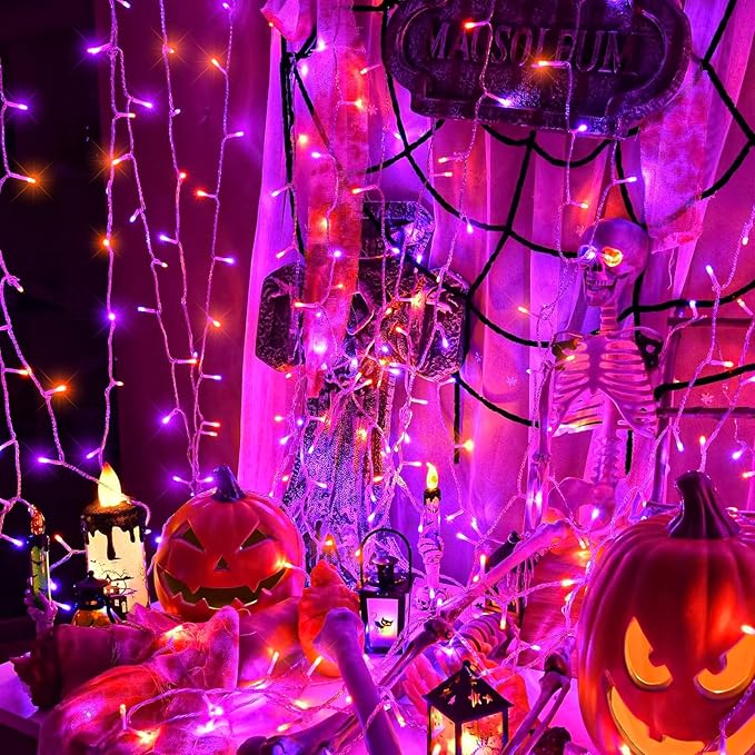 66FT 200 LED Outdoor String Lights, Orange & Purple Halloween Lights Waterproof with 8 Modes, Connectable Clear Wire Twinkle Light for Indoor Bedroom Tree Patio Garden Party Decorations