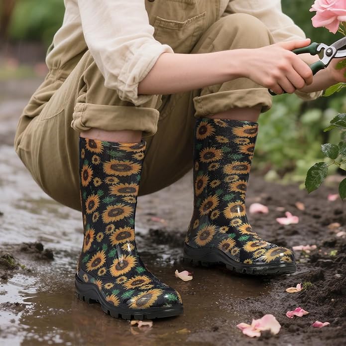 Asgard Women's Mid Calf Rain Boots Printed Waterproof Rubber Boots Short Garden Shose