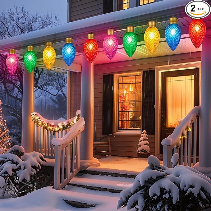 Minetom 2 Pack 11Feet 5 LED Super Jumbo Christmas String Lights, Outdoor Christmas Pathway Lights- Strawberry Jumbo C9 Hanging Lights Waterproof Lawn Decorations for Holiday Tree Roof