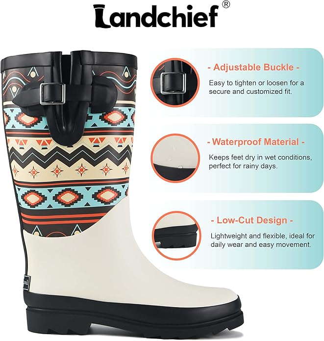 landchief Rain Boots for Women, Waterproof Ladies Tall Knee High Rubber boots,Comfort Garden Boots Anti-Slip Mid Heel Women Rain Shoes Outdoor