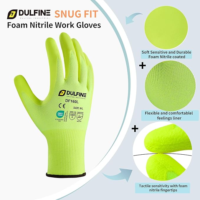 DULFINE Work Gloves for Men and Women,Hi-Vis Yellow Knit Nylon Glove with MicroFoam Nitrile Coated-12 Pairs Pack,Ideal for General Purpose,Automotive,Home Improvement,Painting(Extra Large)