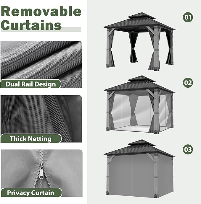 8.5'x8.5' Hardtop Wood Gazebo, Outdoor Double Roof Galvanized Steel Top Gazebo with Wooden Post, Curtains & Netting for Backyard, Patio, Deck (8.5x8.5 FT)