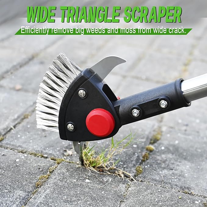 Crack Weeder Long Handle 3-in-1 Adjustable Crevice Cleaning Tool with Stainless Steel Weed Brush with 2 Scrapers Weed Puller Tool for Driveway, Patio Sidewalk to Remove Moss Weeds Dirt
