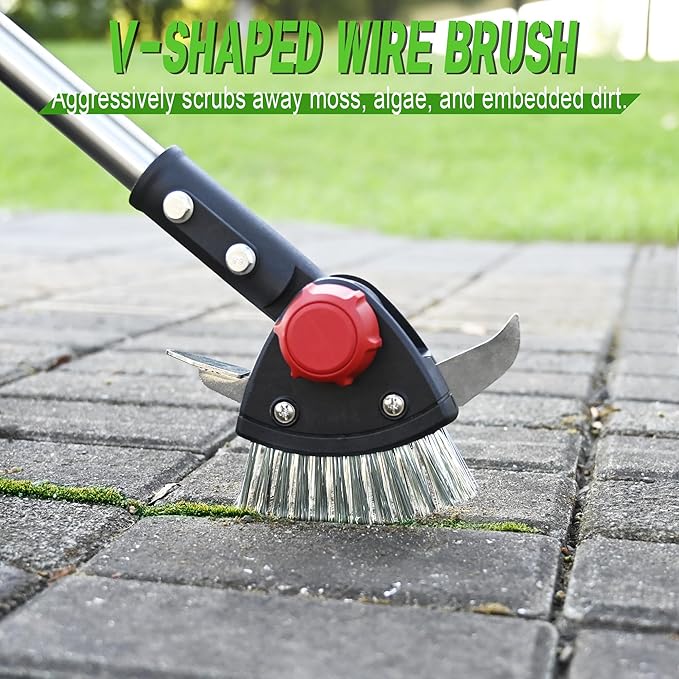 Crack Weeder Long Handle 3-in-1 Adjustable Crevice Cleaning Tool with Stainless Steel Weed Brush with 2 Scrapers Weed Puller Tool for Driveway, Patio Sidewalk to Remove Moss Weeds Dirt