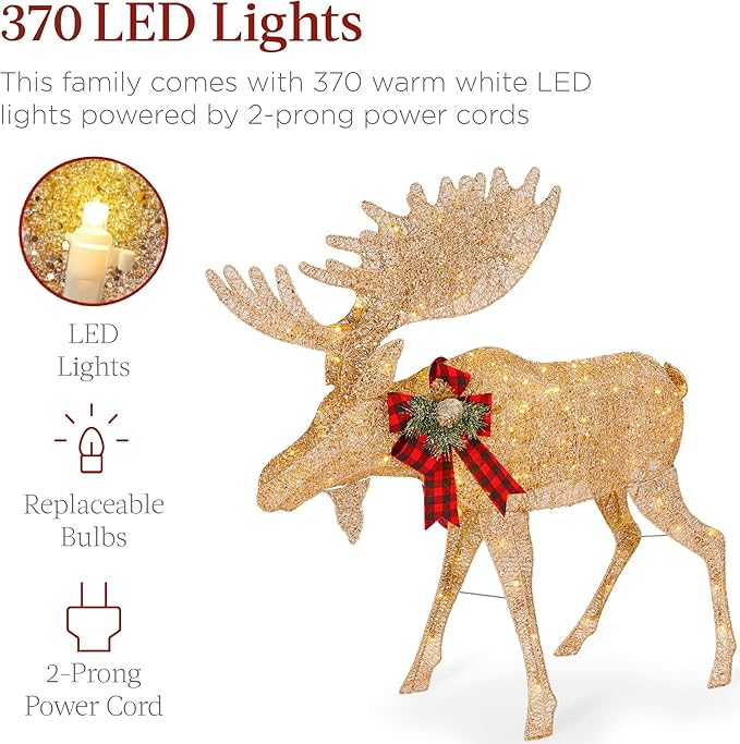 Best Choice Products 5ft 2-Piece Moose Family, Lighted Outdoor Christmas Yard Decoration, Light-Up Décor Set w/ 370 LED Lights, Zip Ties - Gold