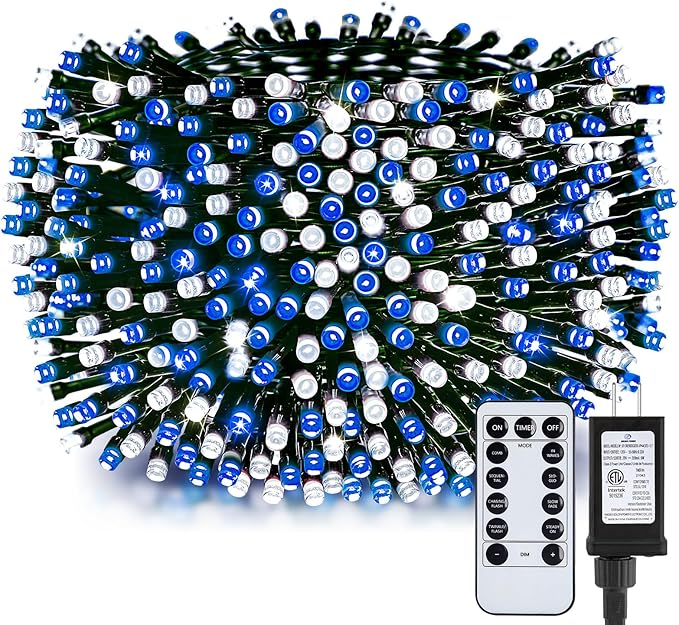 Minetom 328 Ft 1000 LED Christmas Tree Lights Outdoor Indoor String Lights with 8 Modes Waterproof Twinkle Xmas Light with Remote, Plug in Rice Lights for Tree Christmas Decorations, Blue & Cool White