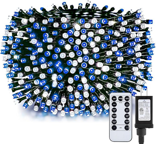 Minetom 328 Ft 1000 LED Christmas Tree Lights Outdoor Indoor String Lights with 8 Modes Waterproof Twinkle Xmas Light with Remote, Plug in Rice Lights for Tree Christmas Decorations, Blue & Cool White