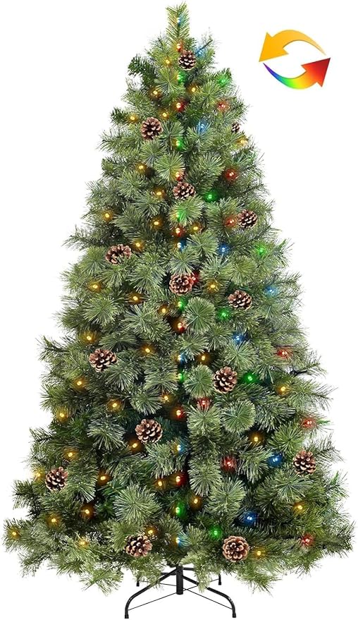 6 Ft by 40" Prelit Full Smoky Pine Christmas Tree with 200 Warm White & Colorful Change Lights Timer,555 Thick Mixed Branch Tips,33 Pinecones,8 Mode,Metal Stand,Hinged Tree Artificial Xmas Tree Decor