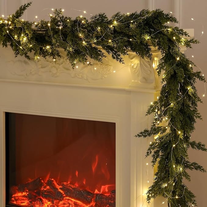 MISSPIN Christmas Garland with Lights, Real Touch Winter Cedar Pine Garland, Green Artificial Greenery Garland for Table, Mantle, Wall, Indoor, Outdoor Christmas Decorations