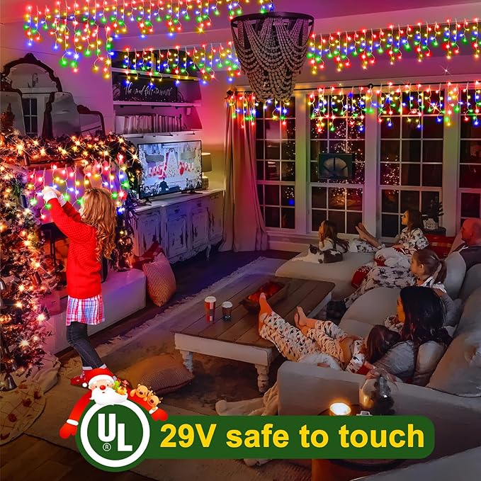 KNONEW 99ft 960 LED Christmas Lights Outdoor Decorations with 180 Drops, 8 Modes Curtain Fairy Light, Clear Wire LED String Light Indoor Decor for Wedding Party Christmas(Multicolor)