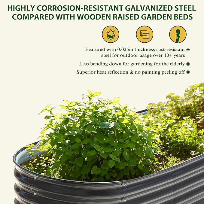 MUPATER 8x2x1 ft Raised Garden Bed Outdoor for Vegetables, 9-in-1 Galvanized Metal Planter Box, 11.1" H Modular Garden Bed Kit Oval for Herbs and Flowers, Grey
