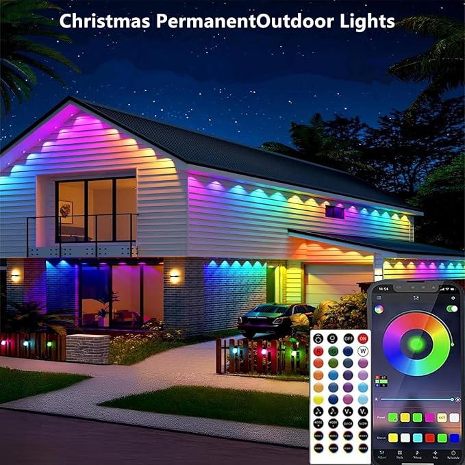 Permanent Outdoor Lights,100ft RGB + IC Smart LED Eaves Lights with App & Remote Control, IP67 Waterproof,for Christmas and All Holiday Decor,Daily and Accent Lighting,House Roof and Garden Lighting