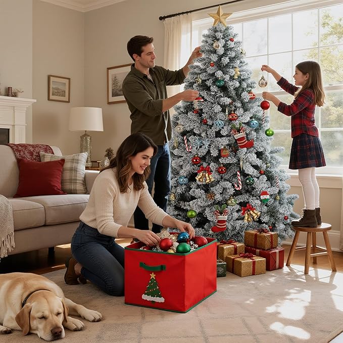 Beyond 7FT Snow Flocked Artificial Full Christmas Tree, Hinged Spruce Christmas Tree with 1300 Branch Tips, Xmas Tree with Metal Stand for Home, Party Decoration, White