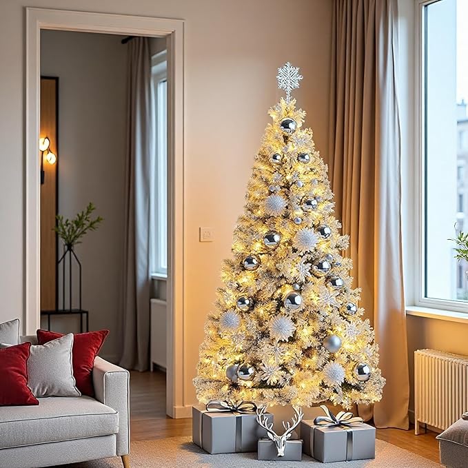 6FT Flocked Green Artificial Christmas Tree with 250 Warm White LED Lights – Pre-Lit Snow Tipped Full Tree for Indoor Holiday Home, Apartment, Living Room, Office, Winter Décor