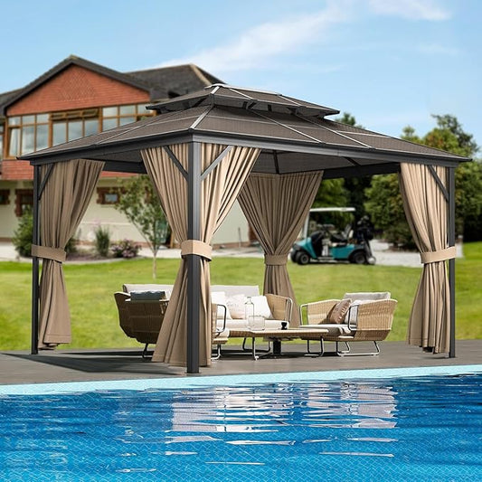 10X13FT Outdoor Hardtop Gazebo with Aluminum Frame, Heavy-Duty Double Roof Polycarbonate Gazebo Including Mesh Netting and Sunshade Curtains, for Patios, Terraces, Lawns, Decks, Brown + Khaki