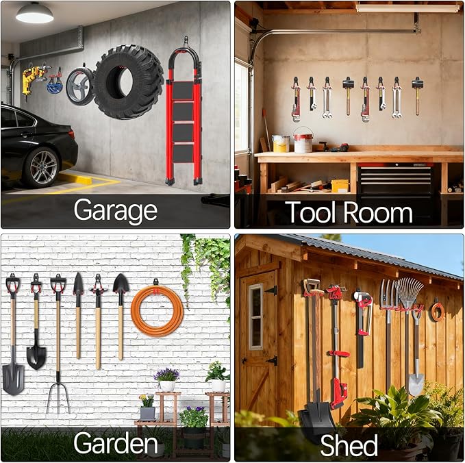 3-H Garage Wall Hooks 31 Pack, Garage Hooks Heavy Duty with Extra Welding Spots, Garage Organizer for Garden, Lawn, Yard Tools, Chairs, Ladders, Weed Eater, Shovel, Blower (Red)