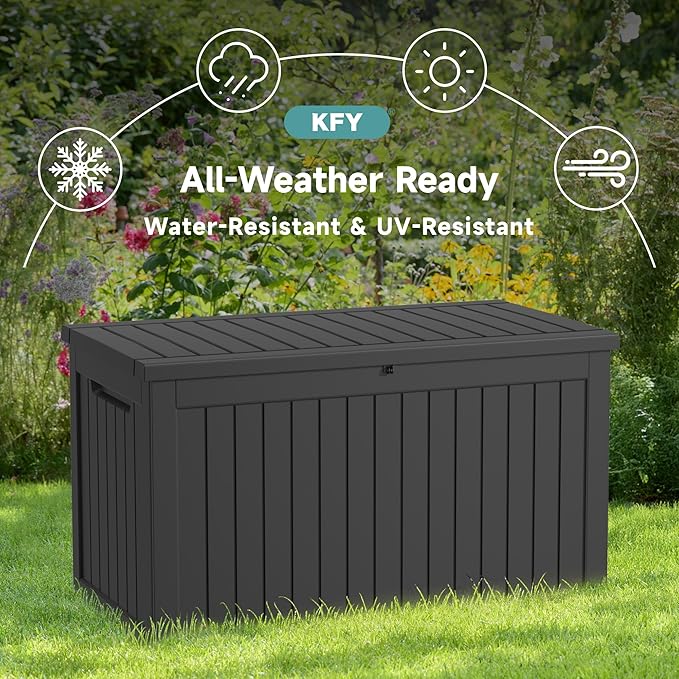 230 Gallon Waterproof Outdoor Storage Box, UV Resistant Resin Deck Box with Hydraulic Rod for Reinforced Stability, Perfect for Patio, Garden, and Pool, Striped Black