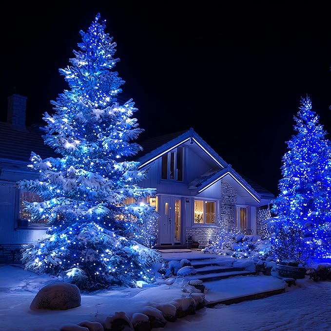 TW SHINE Christmas Lights, 600 LED 196FT Christmas String Lights Plug-in with 8 Modes Timer and Remote, Waterproof Outdoor Decorations for Bedroom Wedding Party Yard Tree Decor, Blue & White