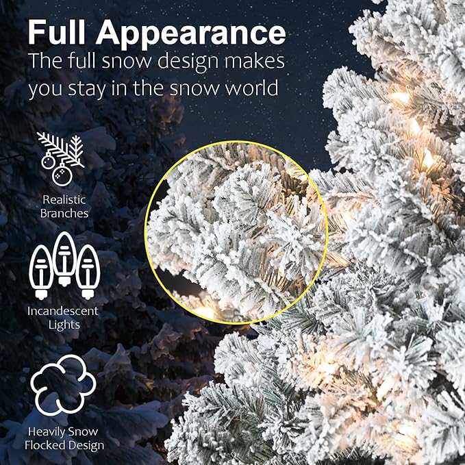 4FT Pre-Lit Flocked Christmas Tree with 100 Warm White Lights, Full White Christmas Tree with Premium PVC Branches,Realistic Snowy Look, Indoor Fake Snow Xmas Tree for Home Office Shops