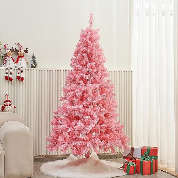 Juegoal 6 FT Artificial Christmas Tree (NOT Pre-Strung) with 300 LED Warm White String Lights, Spruce Hinged Tree, 8 Lighting Modes, Fake Xmas Pine Tree with Metal Legs, 850 Branch Tips, Pink