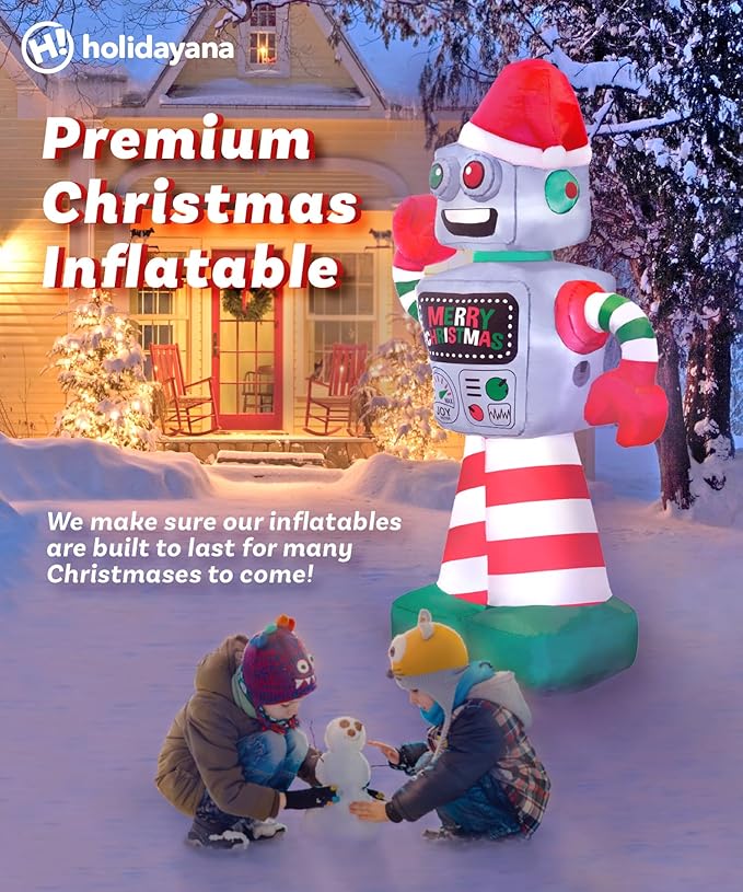Holidayana 6 ft Christmas Inflatable Robot Yard Decoration - 6 ft Tall Lawn Decoration, Bright Internal Lights, Built-in Fan, and Included Stakes and Ropes