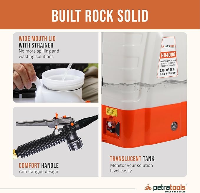 PetraTools Battery Powered Backpack Sprayer 4 Gallon - 6 Hours Long Battery Life & Padded Straps for Comfort - HD4000 Electric Backpack Garden Sprayer with 8 Spray Nozzles & 90PSI Pump (HD4000 ProKit)