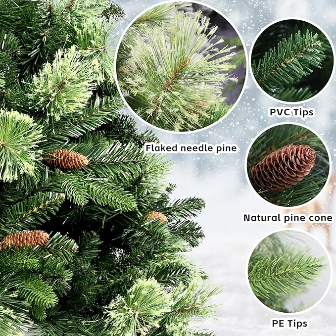 Kadunmina 7.5ft Artificial Christmas Tree Carolina Pine Tree, Unlit Hinged Premium Xmas Trees with 1645 Branch Tips, Pine Cones, Foldable Metal Stand for Home, Office, Holiday Party Decoration