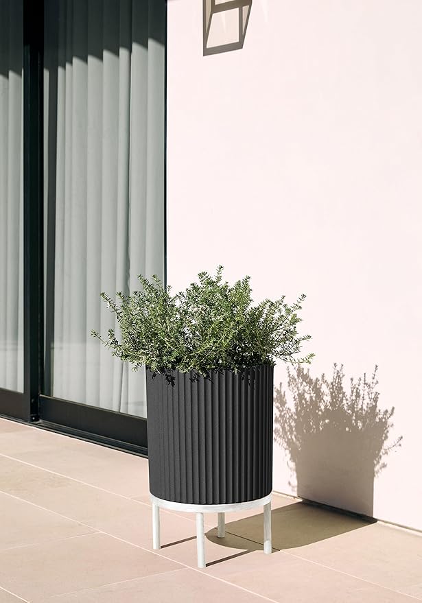 Veradek Demi Series Round Planter w/Stand for Porch/Patio | Durable Plastic-Stone Composite & Wooden Stand | Modern Décor for Tall Plants, Flowers