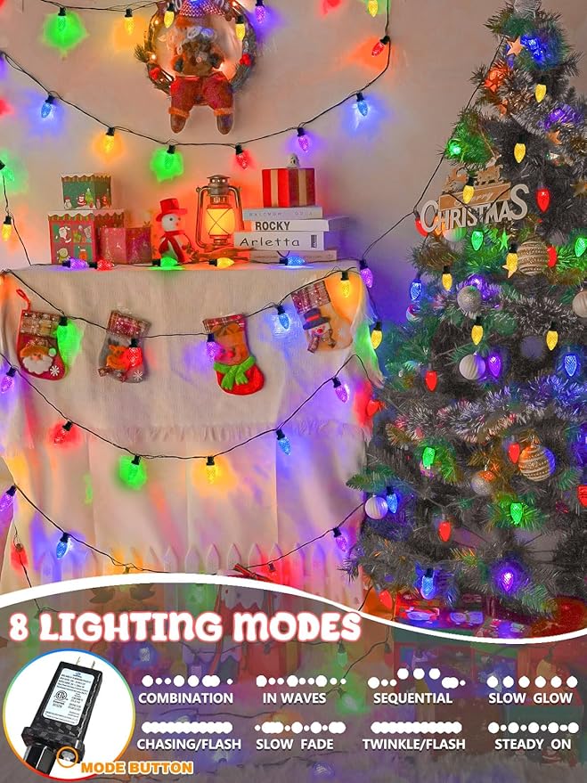 2-Pack Extentable C9 Christmas Lights Outdoor Indoor, 66 FT 100 LED Christmas String Lights Plug in with 8 Modes & Timer, Waterproof Fairy Twinkle Light for Xmas Tree Yard Decorations (Multi-Colored)