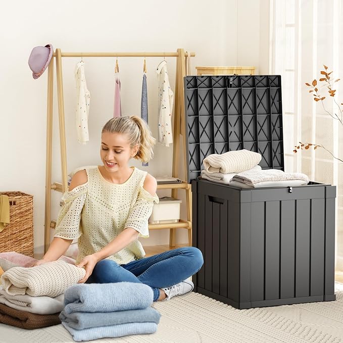 DRATO 50 Gallon Deck Box, Outdoor Storage Box for Patio Cushion, Garden Tools,Waterproof Patio Storage box, Lockable (Black)