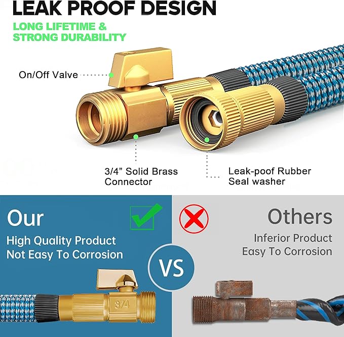 Expandable Garden Hose 100 ft with 10 Function Nozzle Sprayer, Lightweight Flexible Water Hose with Durable Collapsible Latex Core & Solid Brass Fittings, 100ft Retractable Stretch Hose, Blue & White